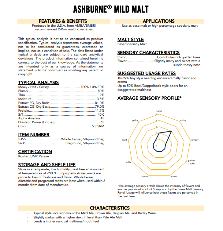 Briess Ashburne Mild Malt - 50 lb. Bag