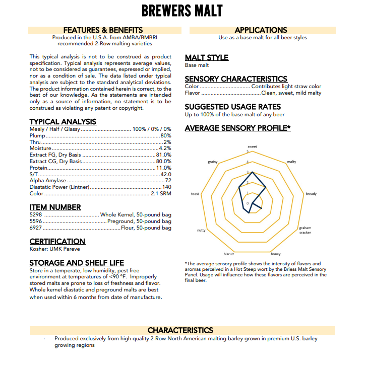 Briess Brewers Malt (2-Row) - 50 lb. Bag