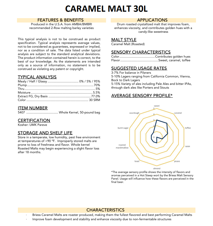 Briess Caramel 30L - 50 lb. Bag