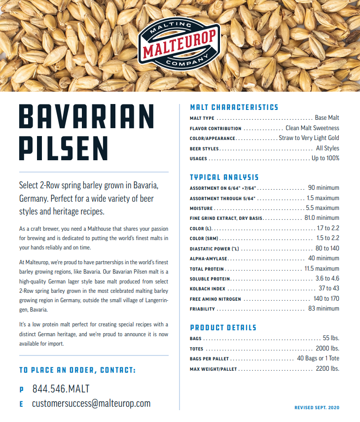 Malteurop Bavarian Pilsen Malt - 55 lb. Bag