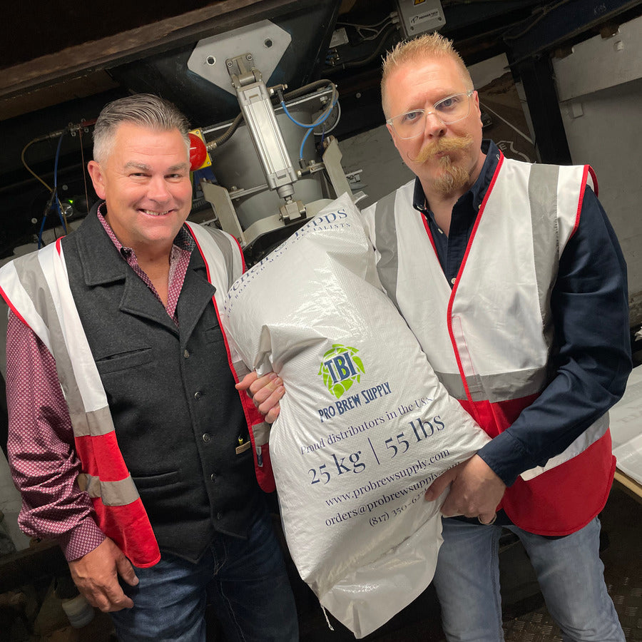 Co-branded French and Jupps and Pro Brew Supply 55 lb malt bag at the maltings