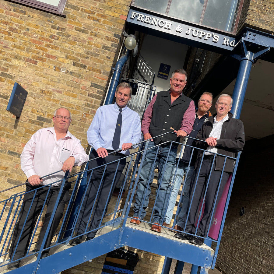 Pro Brew Supply and French and Jupps leadership at the maltings entrance in Stanstead Abbotts, England